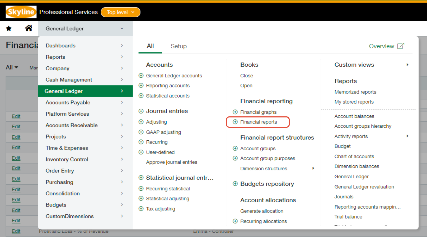 Sage Intacct navigation menu showing the path to the Balance Sheet Summary report under General Ledger Financial Reports