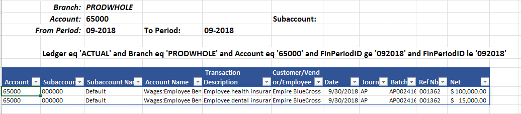 GL Detail sheet loaded with all transactions that sum to the selected balance