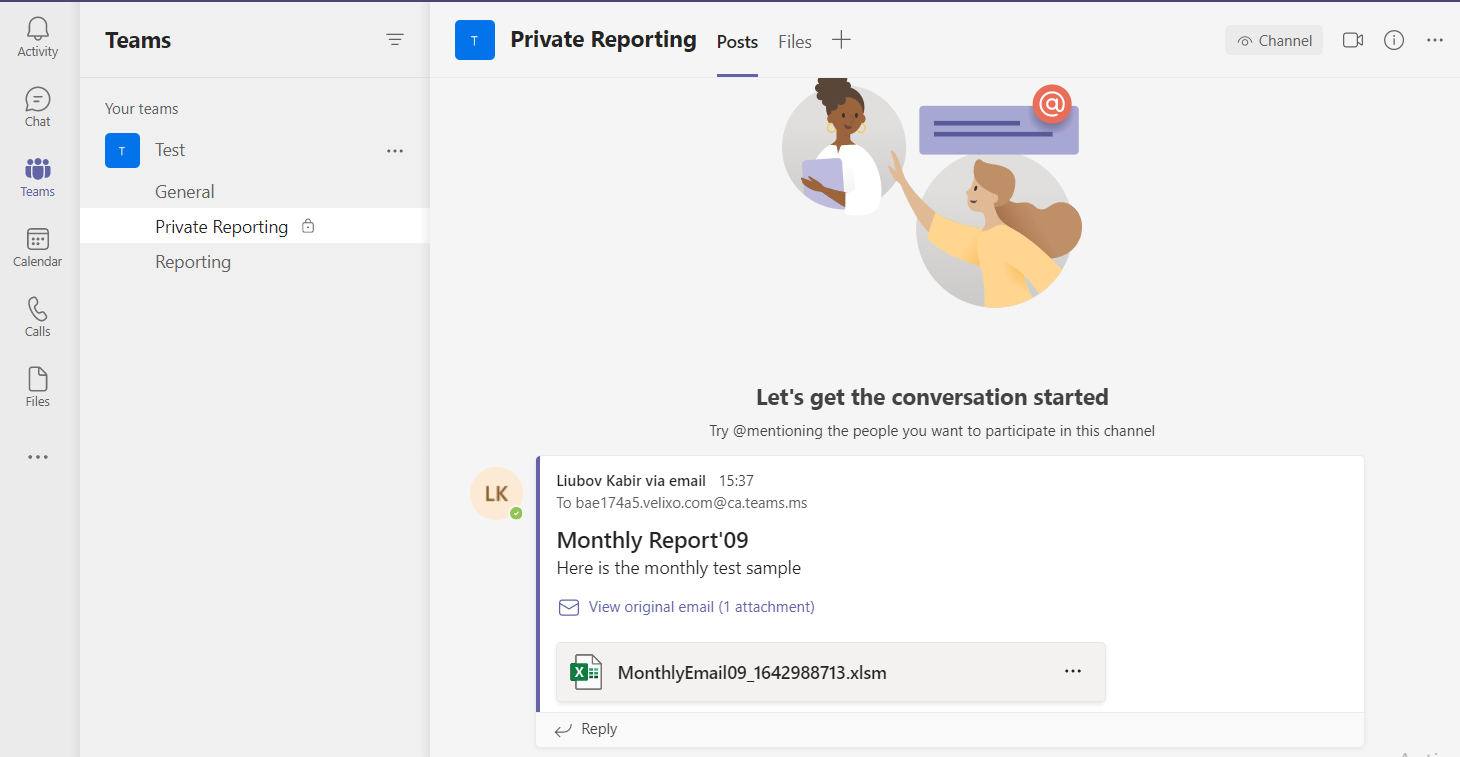 Microsoft Teams Posts tab showing a new message with the distributed report attached