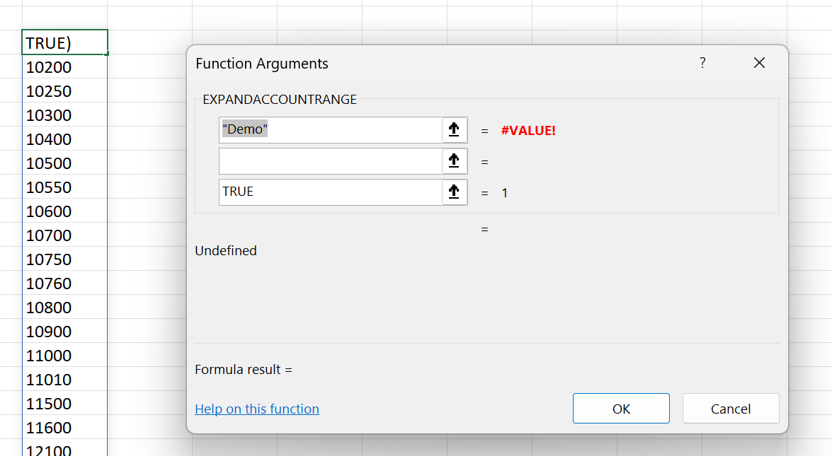 Excel function wizard showing an existing Velixo NX function with blank field names when editing