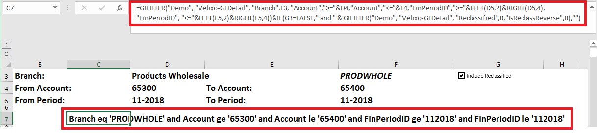GIFILTER function building an OData filter clause for Branch, Account, and Period arguments