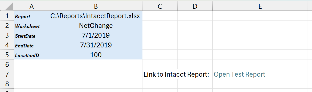 Excel workbook with input cells for report path, worksheet name, and LocationID, StartDate, and EndDate arguments
