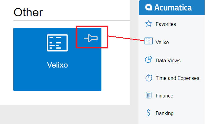 Acumatica side panel with the Velixo workspace pinned for quick access