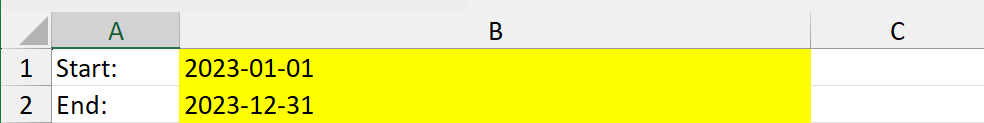 PeriodList worksheet with valid start and end date limits defined in Excel