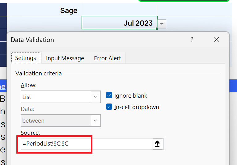 Data Validation Source field pointing to column C of the PeriodList worksheet using a spill range reference