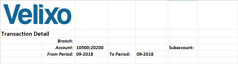 GL Detail worksheet with sample branch and account values entered before creating a filter
