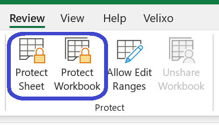 Excel Review ribbon showing the Protect Sheet and Protect Workbook buttons