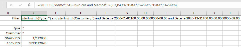 Excel worksheet showing a GIFILTER function with filter parameters defined for a Generic Inquiry