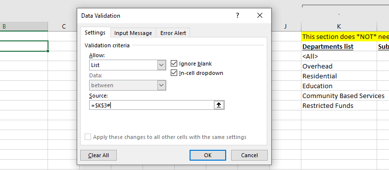 Data Validation dialog with List type selected and source pointing to the Department lookup cell