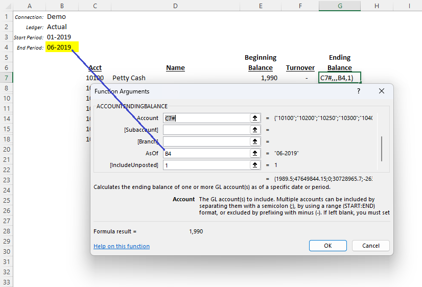 Excel formula bar showing an ACCOUNTBALANCE function in the Ending Balance column referencing the YTD end period cell