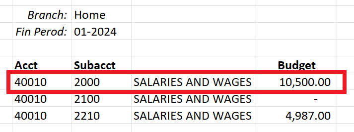 Velixo Excel report showing budget balance values for several GL accounts that differ from the ERP