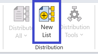 Velixo Distribution section in the ribbon with New List button highlighted