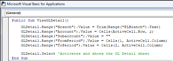 Excel Visual Basic editor showing a macro that copies Branch, Account, and Period from the report to the GL Detail sheet