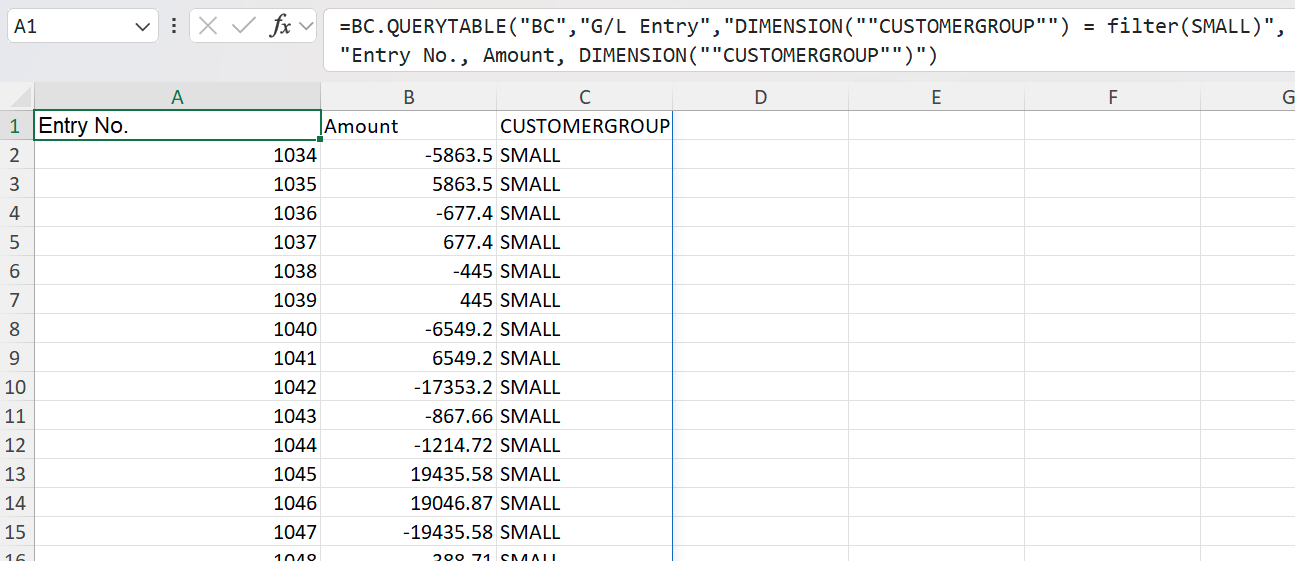Excel result of GL entries filtered so that every row shows SMALL in the CUSTOMERGROUP column