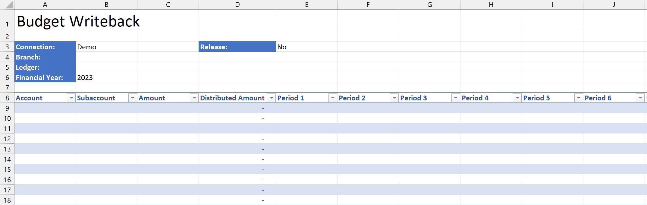 A Velixo budget worksheet with columns for Connection, Branch, Ledger, Financial Year, Automatically Release, Account, Subaccount, Amount, Distributed Amount, and period columns
