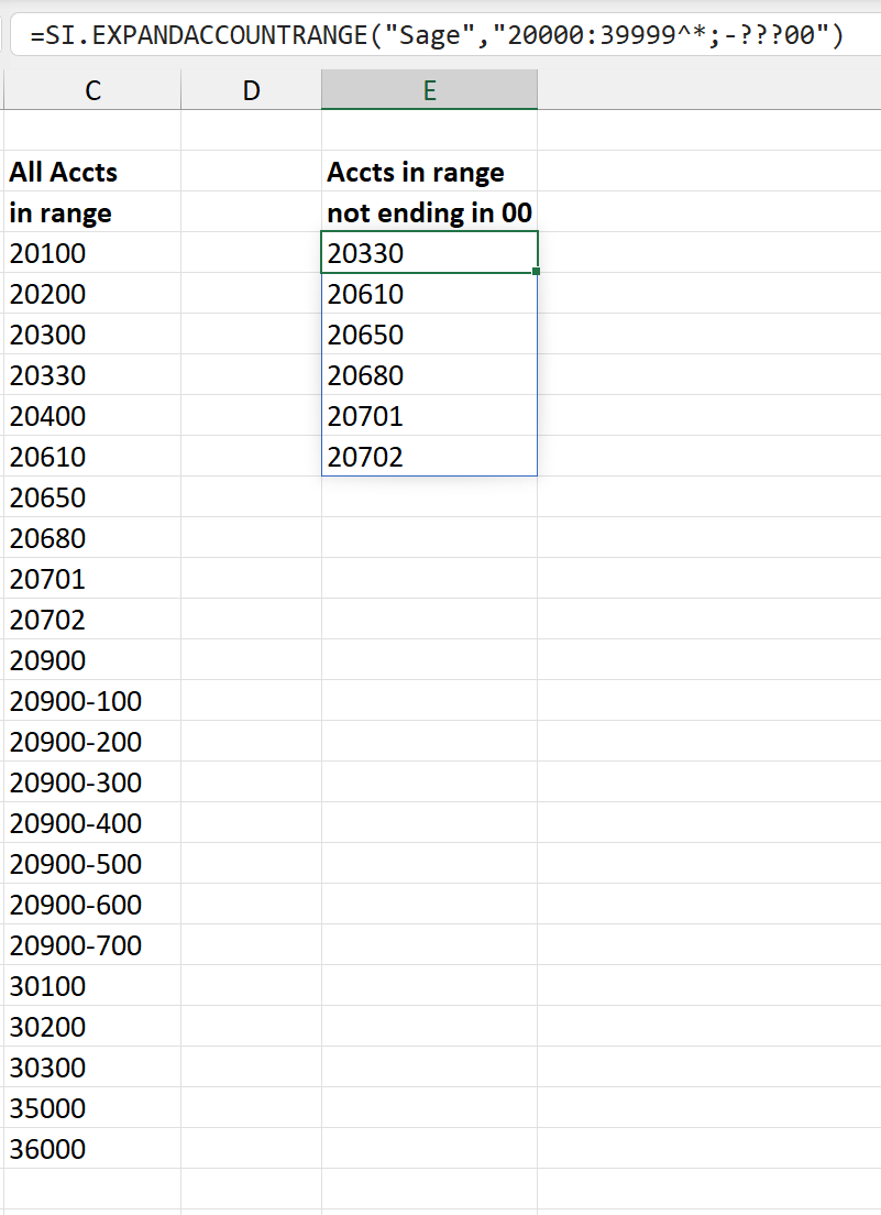 Excel column showing the result of SI.EXPANDACCOUNTRANGE filtering accounts between 20000 and 39999, excluding those ending in 00