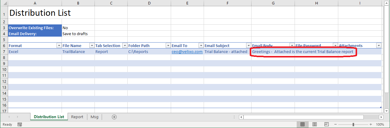 Distribution List worksheet with email body text typed directly into the Email Body column