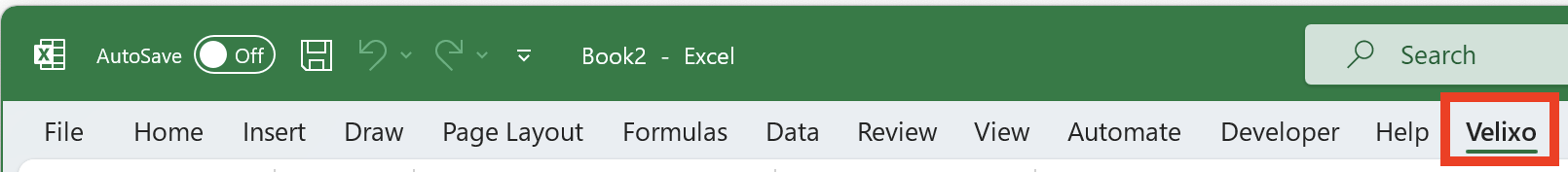 Excel ribbon showing the Velixo tab without NX, indicating the Classic edition is installed