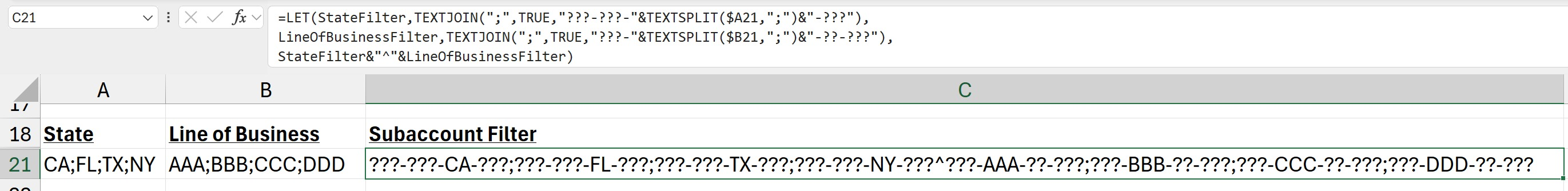 Excel worksheet using the LET function with TEXTJOIN and TEXTSPLIT to construct a Velixo intersection filter