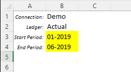 Excel cells showing From and To period parameters set to the start and end of a YTD date range