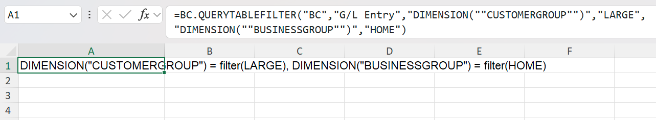 Excel cell and formula bar showing BC.QUERYTABLEFILTER returning a filter