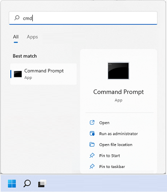 Windows Start menu search results showing Command Prompt highlighted as the top result