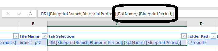 Tab Selection column updated with both parameter brackets and curly-brace sheet name references