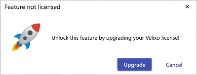 License upgrade prompt shown when Universal Writeback is not included in the Velixo license, with an Upgrade button