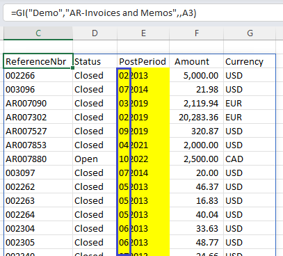 Excel worksheet showing GI() function array output with financial periods in MM-YYYY format, including leading zeros